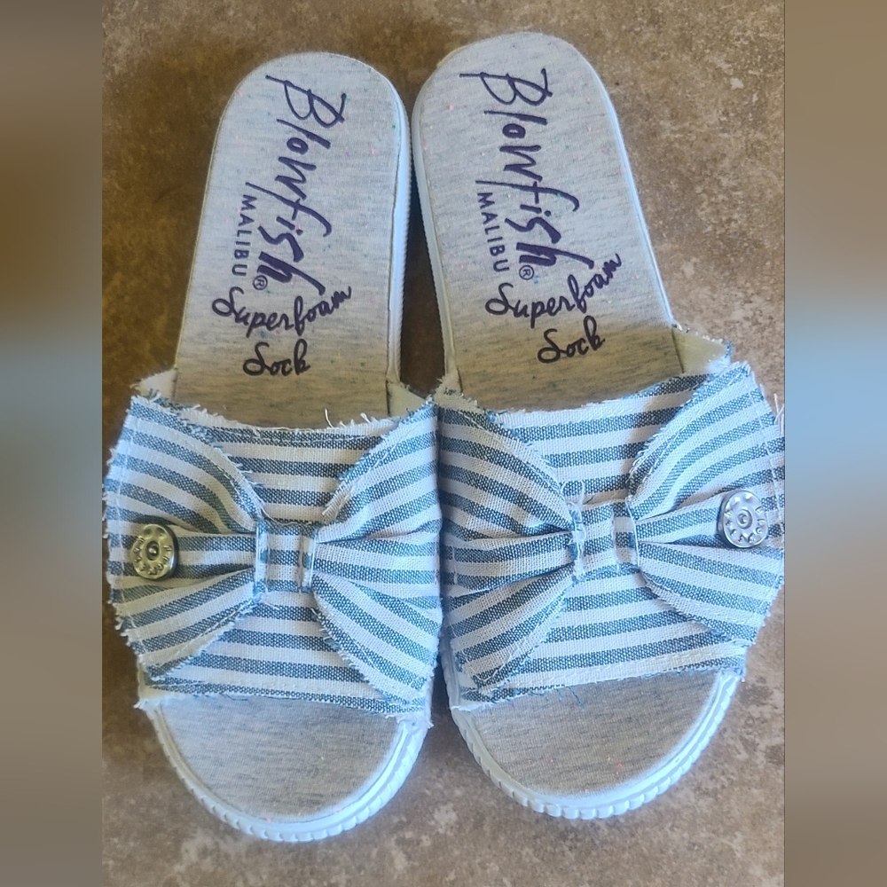 Blowfish Malibu sandals in a striped light blue denim and white color-NEW